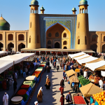 **Image Prompt:** "Bustling Samarkand marketplace during the spring season. Focus on vibrant colors of traditional Uzbek clothing, fresh fruits, and spices. Capture the golden light of late afternoon illuminating the Registan Square in the background. Include diverse crowd of locals and tourists interacting.  Keywords: Uzbekistan, Samarkand, spring, bazaar, Silk Road, Arabic architecture, travel photography."