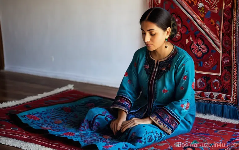 우즈베키스탄 전통 그림 및 예술 작품 - **Prompt 1: Suzani Artisan at Work** "An Uzbek woman, in her late 20s, with a serene and focused...