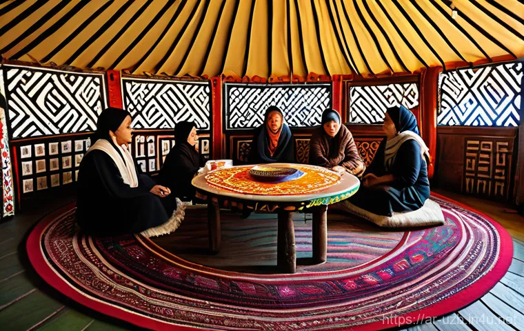 우즈베키스탄 유목민 생활 - Prompt 1: Warmth of a Traditional Yurt Gathering**