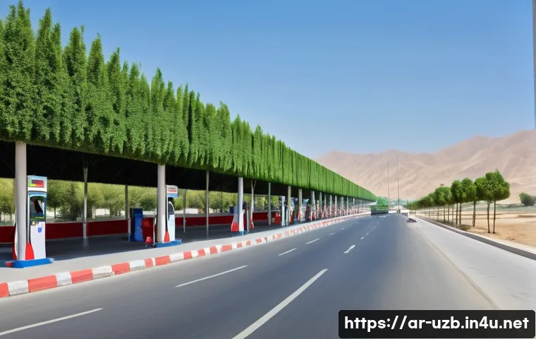 우즈베키스탄 고속도로 및 자가 운전 가이드 - A modern multi-lane highway in Uzbekistan during daylight, featuring wide clean roads with clear whi...