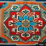 Home 18 우즈베키스탄에서 인기 있는 기념품 - A vibrant silk painting inspired by traditional Uzbek art, featuring intricate geometric patterns an...