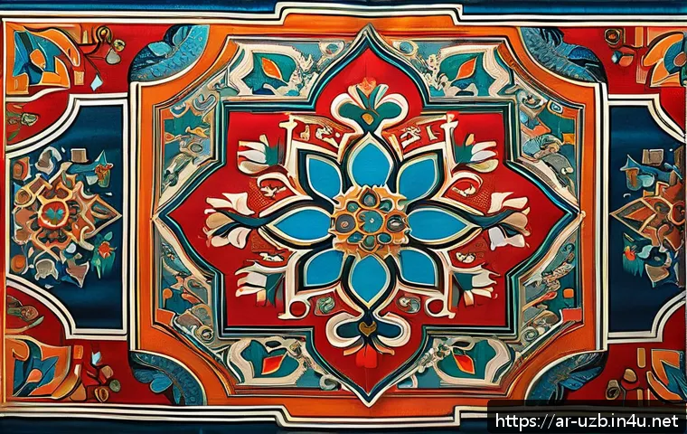 우즈베키스탄에서 인기 있는 기념품 - A vibrant silk painting inspired by traditional Uzbek art, featuring intricate geometric patterns an...