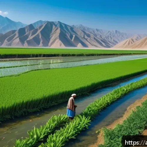 Home 17 우즈베키스탄의 주요 강과 수자원 - A vibrant rural Uzbek cotton and rice farm irrigated by the flowing Syr Darya River under a clear bl...