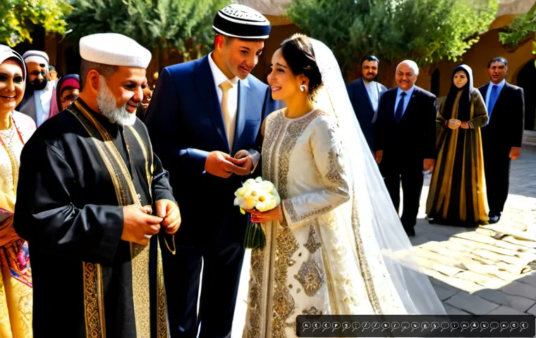Home 17 우즈베키스탄 전통 결혼식 문화 - Photorealistic Uzbek traditional wedding celebration in a sunlit courtyard, bride in an elegant embr...